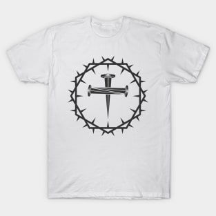 The cross of Jesus and the nails of the crucifix are framed with a crown of thorns. T-Shirt